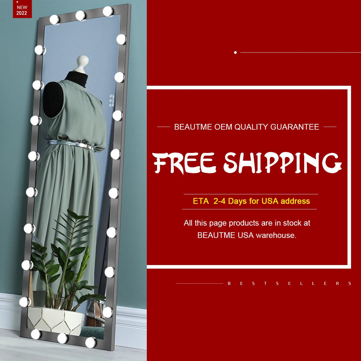 US Stocks Free Dressing Standing LED Large Oversized Wall Mounted Body Floor Mirror Full Length with Light Bulbs for Bedroom