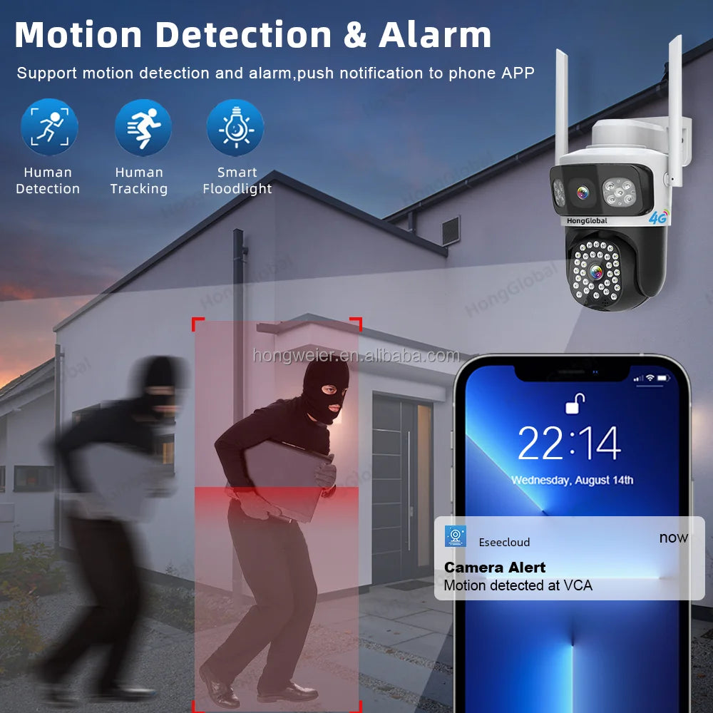 HongGlobal 6MP 3 Screen 4G LTE Surveil Home Smart Security Camera Eseecloud Dual Lens 4G Sim Card CCTV Outdoor Wireless Camera
