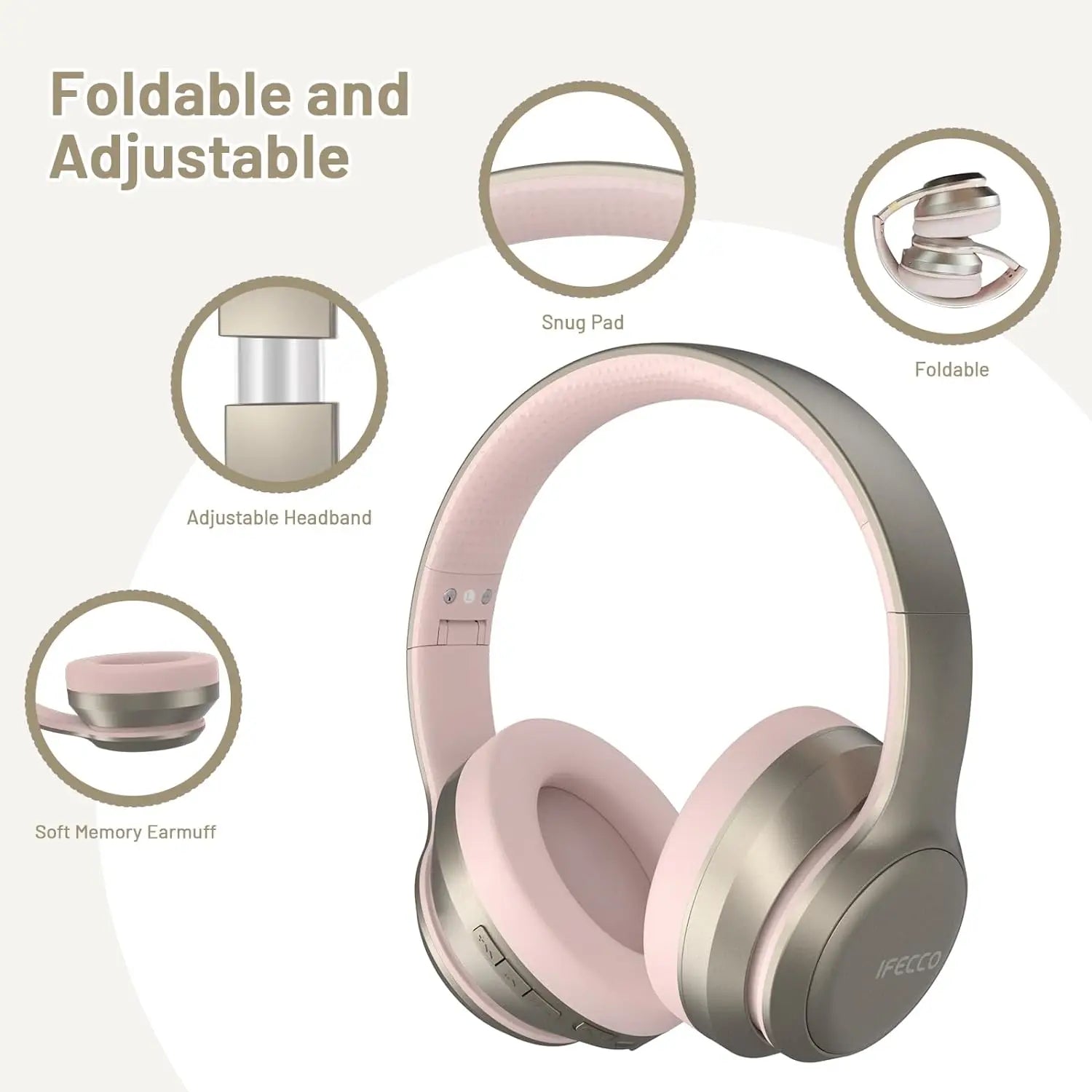 ESON HiFi Stereo  Headset Pink On-Ear Over-Ear ANC Soft Gaming Wireless Noise Cancelling Headphones Microphone Foldable