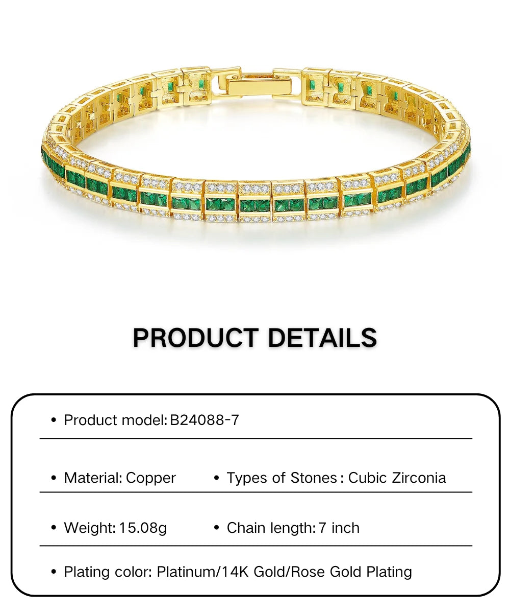 Luxury 18K Gold Plated Radiant Cut Brilliant CZ Zircon Hand Chain Bracelet Fashion Women Emerald Tennis Bracelet