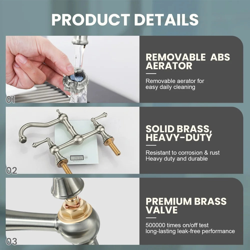 2 Holes Bridge Kitchen Faucet, Solid Brass Kitchen Sink Faucet Centerset Deck Mount Kitchen Faucet for Sink, RV, Laundry, Bar