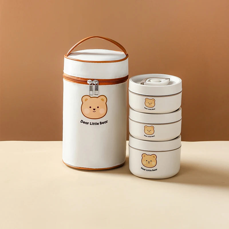 Cute Kid-Sized School Lunch Box Portable 304 Stainless Steel Vacuum Soup Container with Insulated Bag for Hot Food Storage