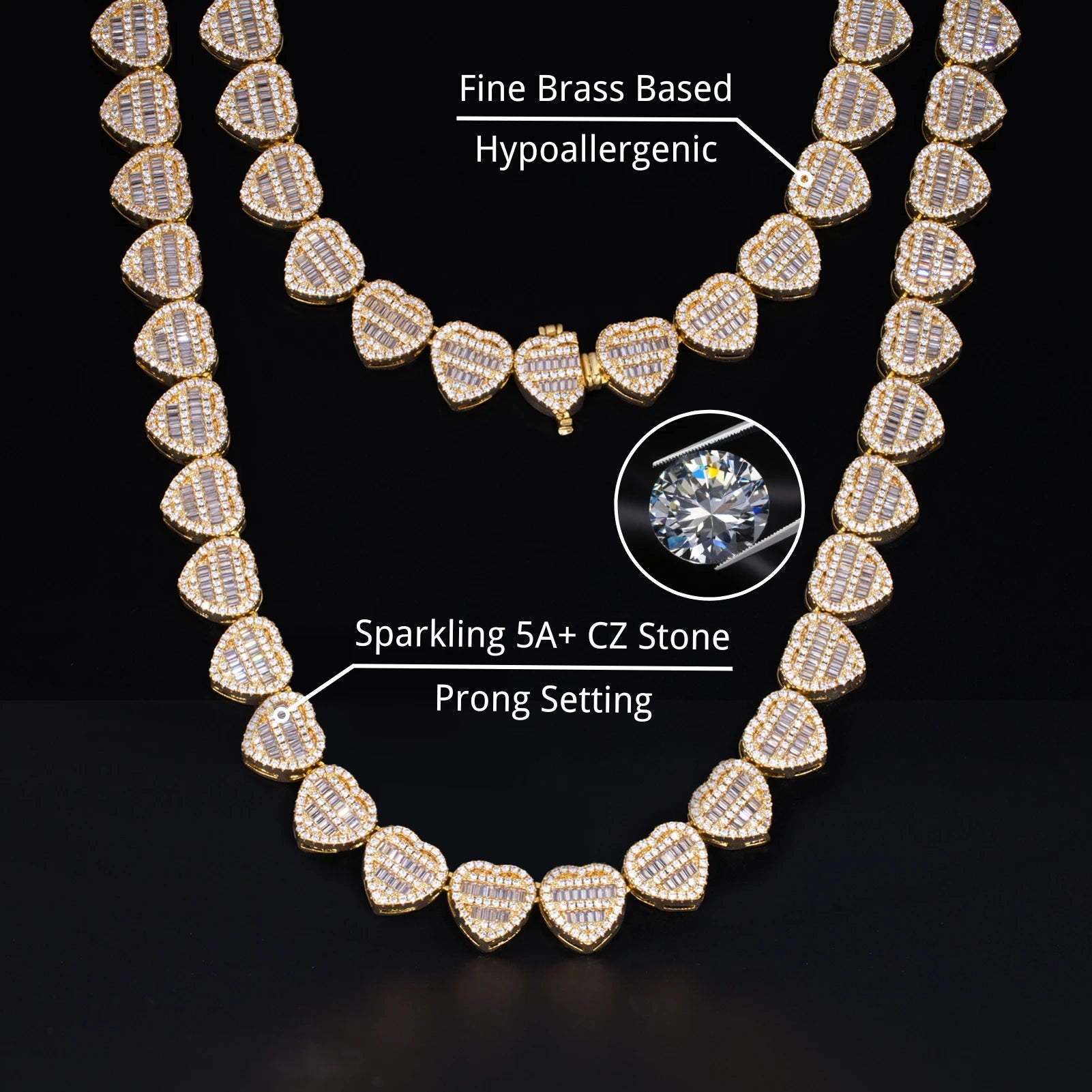 Fashion Bling Bling Baguette Stones Heart Necklace Iced Out Baguette Necklace Full CZ Brass 18K Gold Plated Gift Jewelry