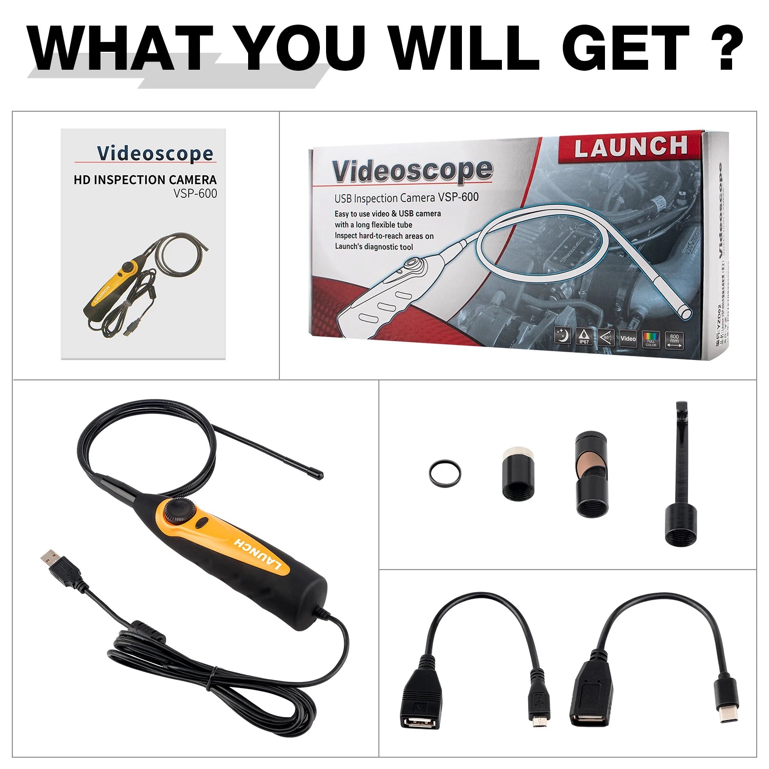 LAUNCH Tech VSP-600 USB Endoscope 0.21 Inch Snake IP67 Waterproof HD Videoscope Borescope