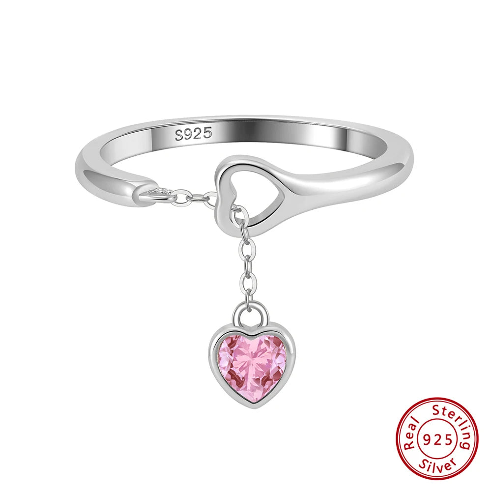 RINNTIN SR332 USA Local Stock Fine Jewelry Tassel Chain Heart Zircon Finger Ring S925 Sterling Silver Adjustable Ring for Women