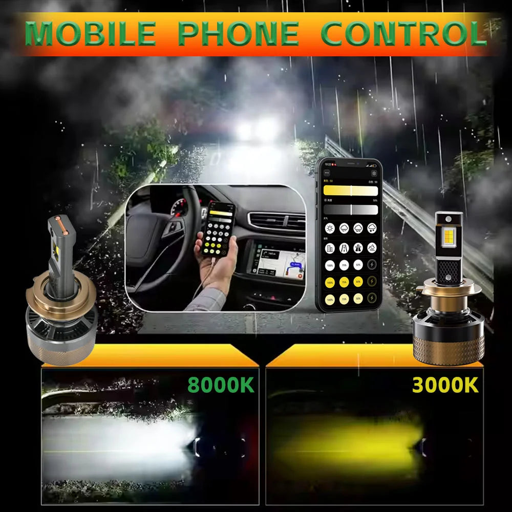 For Infitary AI Smart 80W LED Headlight Bulb APP Control Bluetooth5.0 3000K 8000K H4 H7 H11 9005 9006 Car LED Light 80W APP New