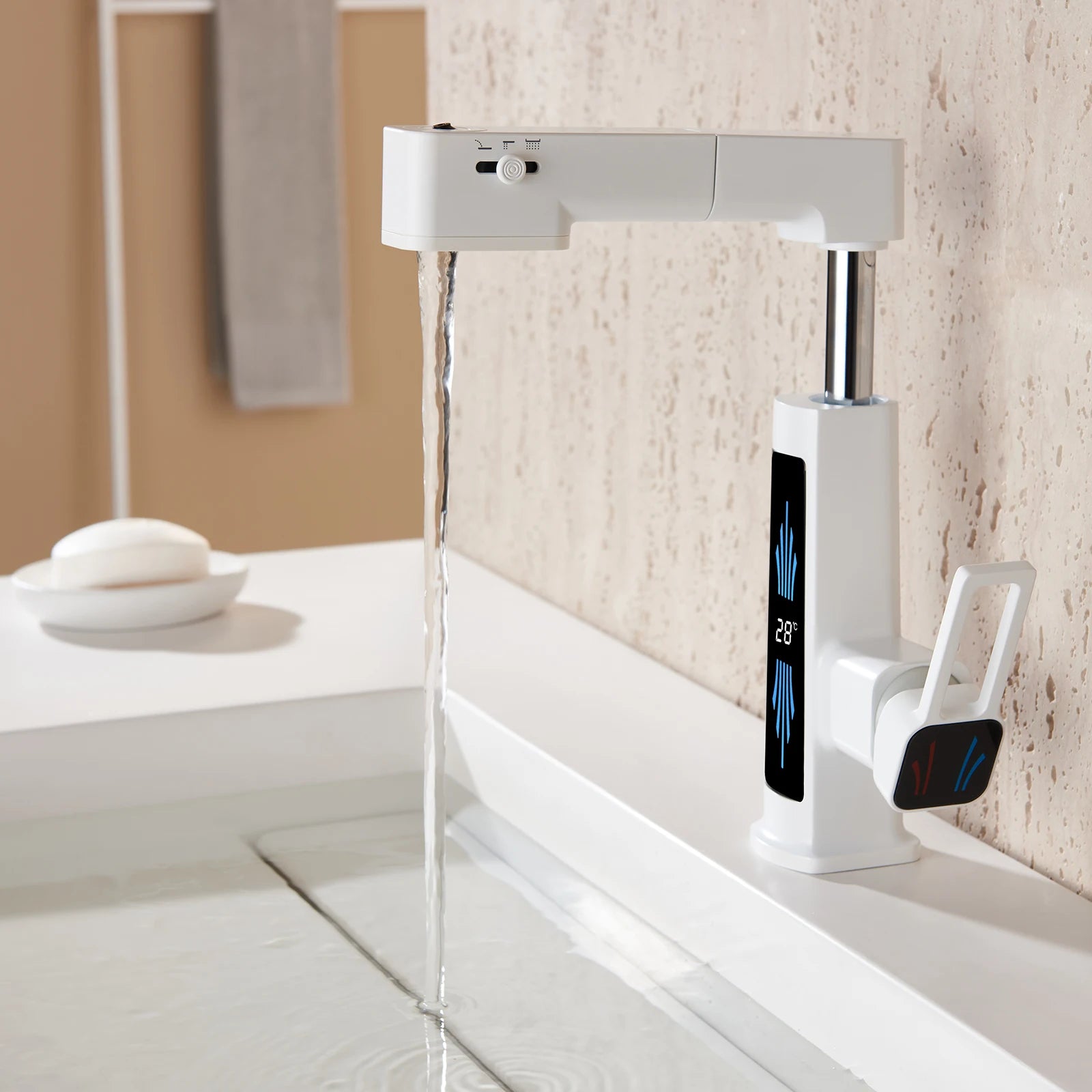 Basin Faucet Gray/White Brass Faucet  Pulling and Lifting Basin Faucet with Digital Display and Warm Atmosphere Light