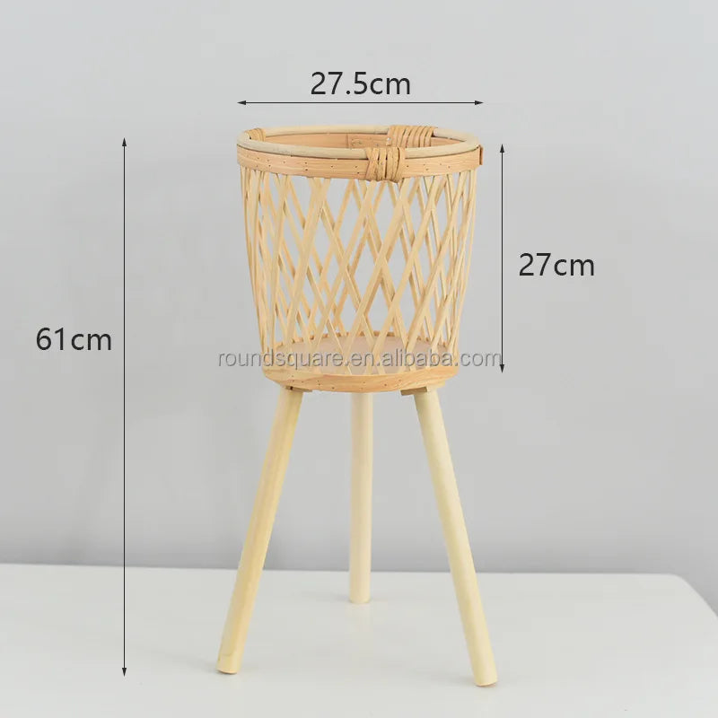 RTS Bamboo Woven Flower Pot Wood Plant Stand Wicker Rattan Plant Basket for Home Decor Balcony Living Room Functional Floor Vase