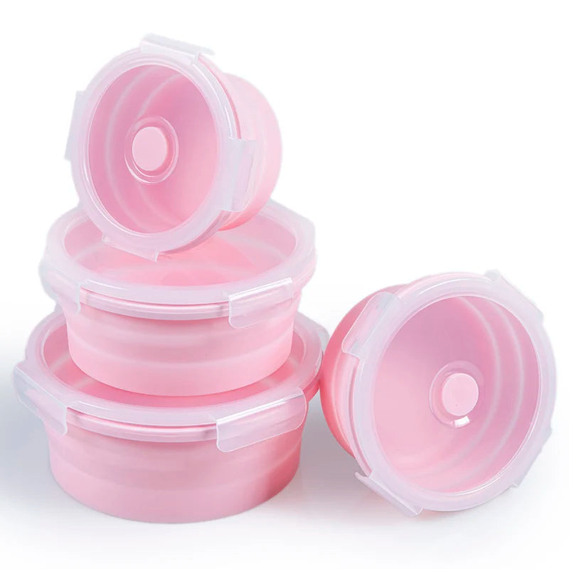 BPA Free Collapsible Silicone Folding Lunch Box with Plastic Lid for Food Storage in Kitchen