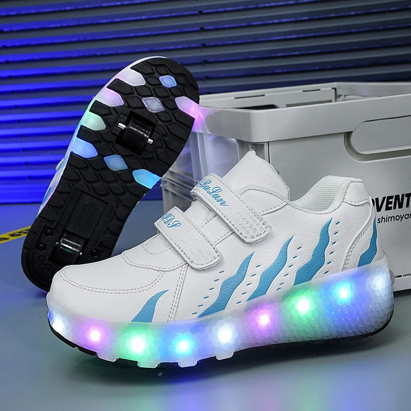 Ponerait Boys and Girls Sport Shoes LED Light Luminous Walking Shoes with Wear-Resistant Pulley Children's Two-Wheel Wearable