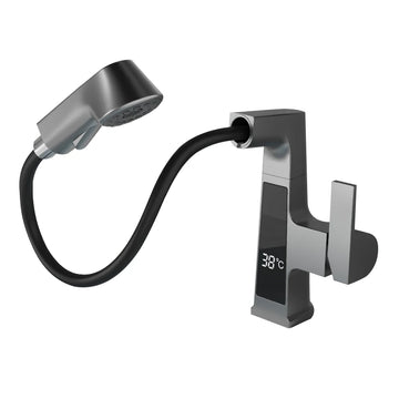 New 360 Degree Rotary Brass Basin Tap Gun Grey Pull Out Hot and Cold Bathroom Faucet with Temperature Digital Display