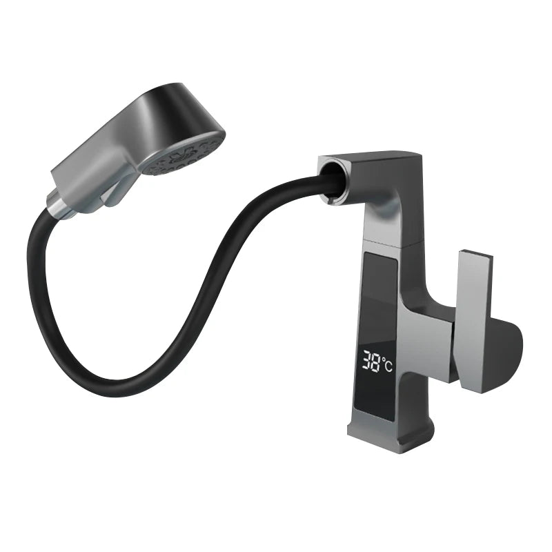 New 360 Degree Rotary Brass Basin Tap Gun Grey Pull Out Hot and Cold Bathroom Faucet with Temperature Digital Display