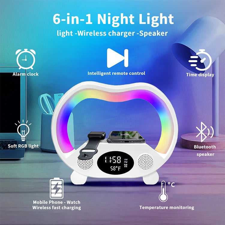 Portable Smart Loudspeaker Enclosure Speakers With Wireless Chargers Music Lights Clock RGB LED Lamp for Outdoor Party Gift