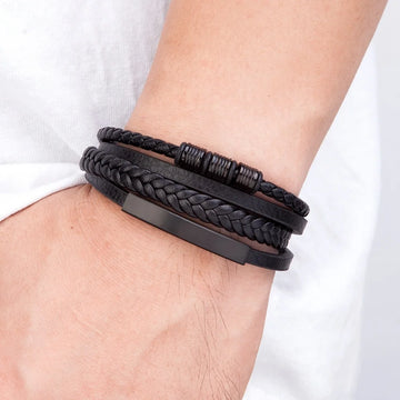 New Stainless Steel Black Multilayer Genuine Leather Bracelet for Men Magnetic Clasp Button Vintage Male Braid Bangle Jewelry
