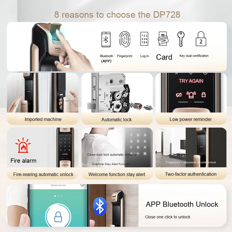 For SamsungSmart Lock DP728 Home Anti-theft Door Lock Aluminum Alloy Digital Fingerprint Password Lock  App