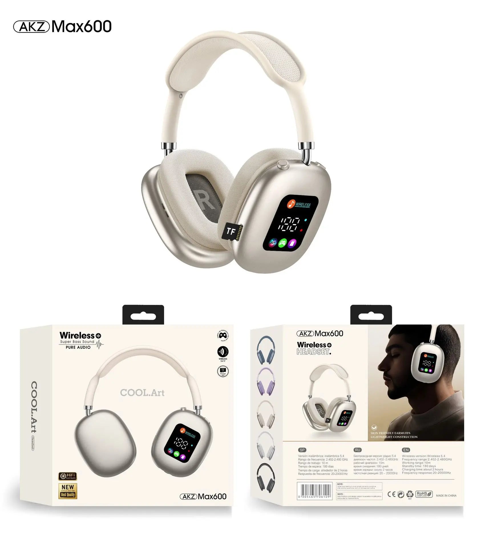 Factory Private Model Headband Dynamic Wireless Earphones RGB Lighting IPX5 Waterproof Screen On-ear & Over-ear Headphones