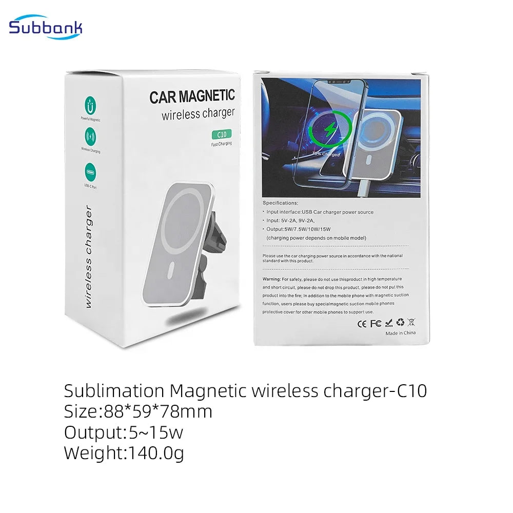 Subbank Wireless Chargers Sublimation Safe Portable Car Mounted Wireless Magnetic Charger  Customizable Logo