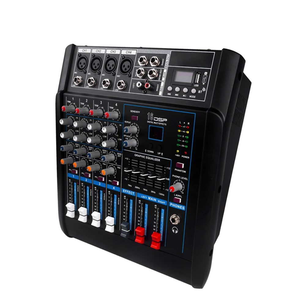 Professional Stage Party Use 4-Channel USB Audio Mixer with 250W*2 Power Amplifier and 2 UHF Wireless Microphones