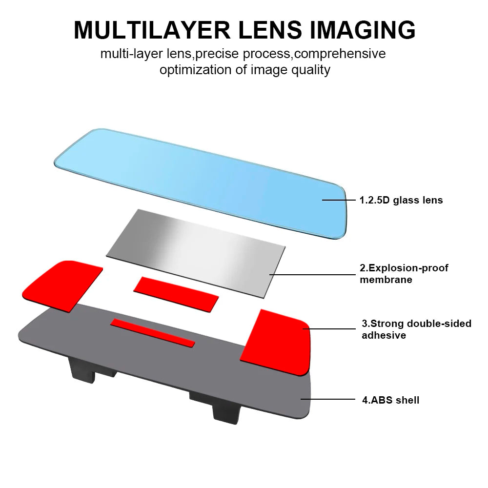 2.5D Full Screen HD Glass Anti-glare Wide-angle Blue Frameless Mirror Car Interior Rear View Mirror 3000R Micro Curvature Lens