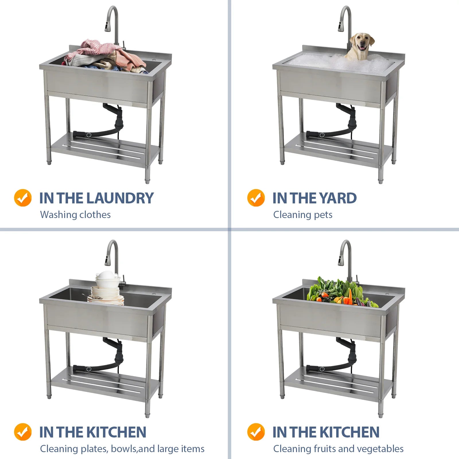 Commercial Stainless Steel Single Bowl Freestanding with Pull-Out Faucet for Laundry Indoor and Outdoor Sink Pet Cleaning
