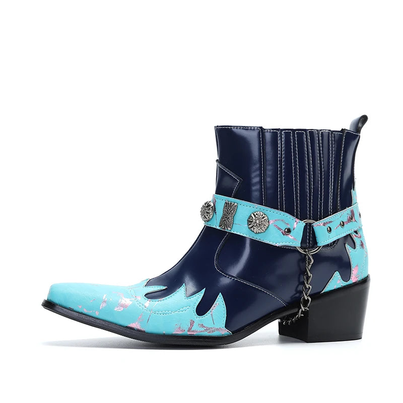 NA444 Personality Men's Genuine Leather Ankle Boots for Party and Wedding Botas Hombre High Heels Blue Navy Boots for Men