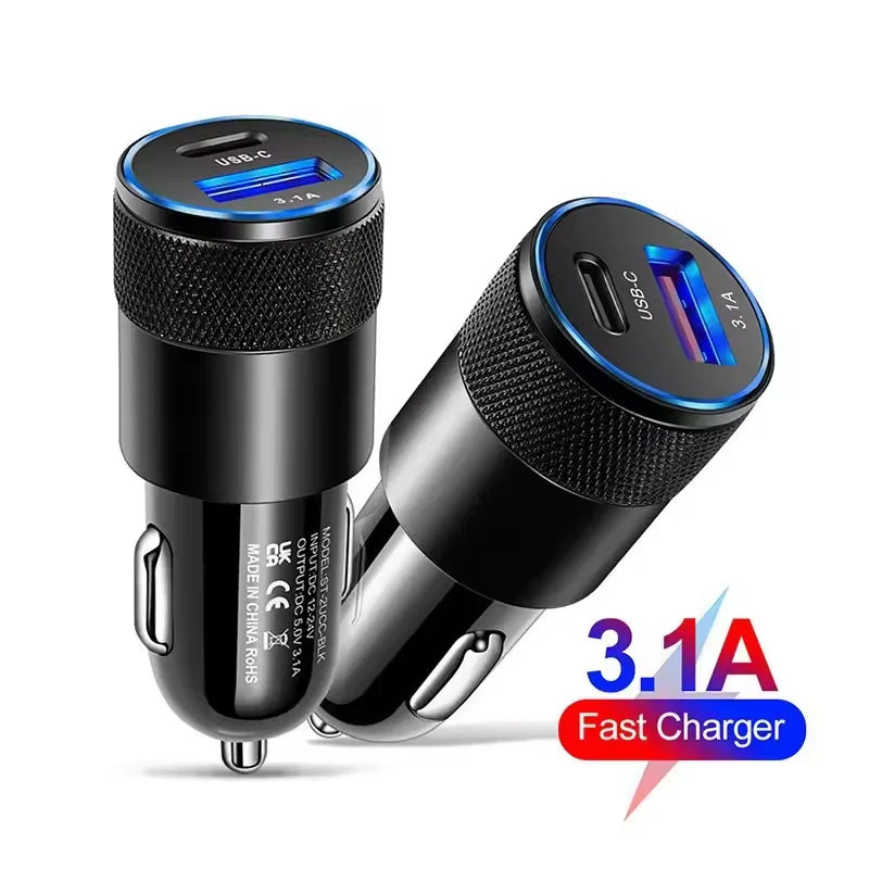 18W Mini USB Quick Car Charger 15W 3.1A Type C PD Dual Port Fast Charging Phone Car Socket Adapter