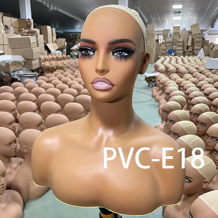 Mode Makeup Female Mannequin Head Display Black Tete De Stand with Realistic Shoulders Wig Displays