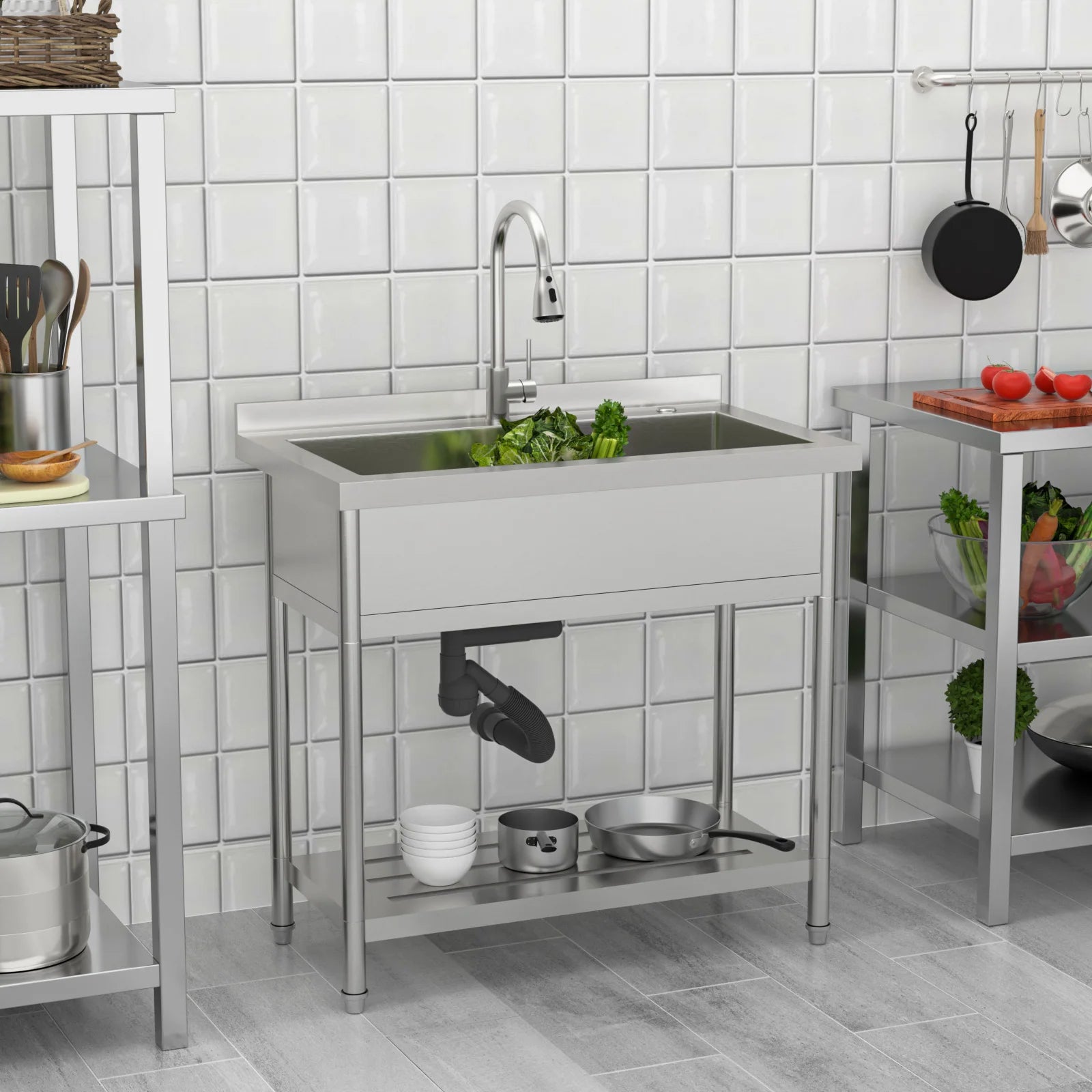 Commercial Stainless Steel Single Bowl Freestanding with Pull-Out Faucet for Laundry Indoor and Outdoor Sink Pet Cleaning