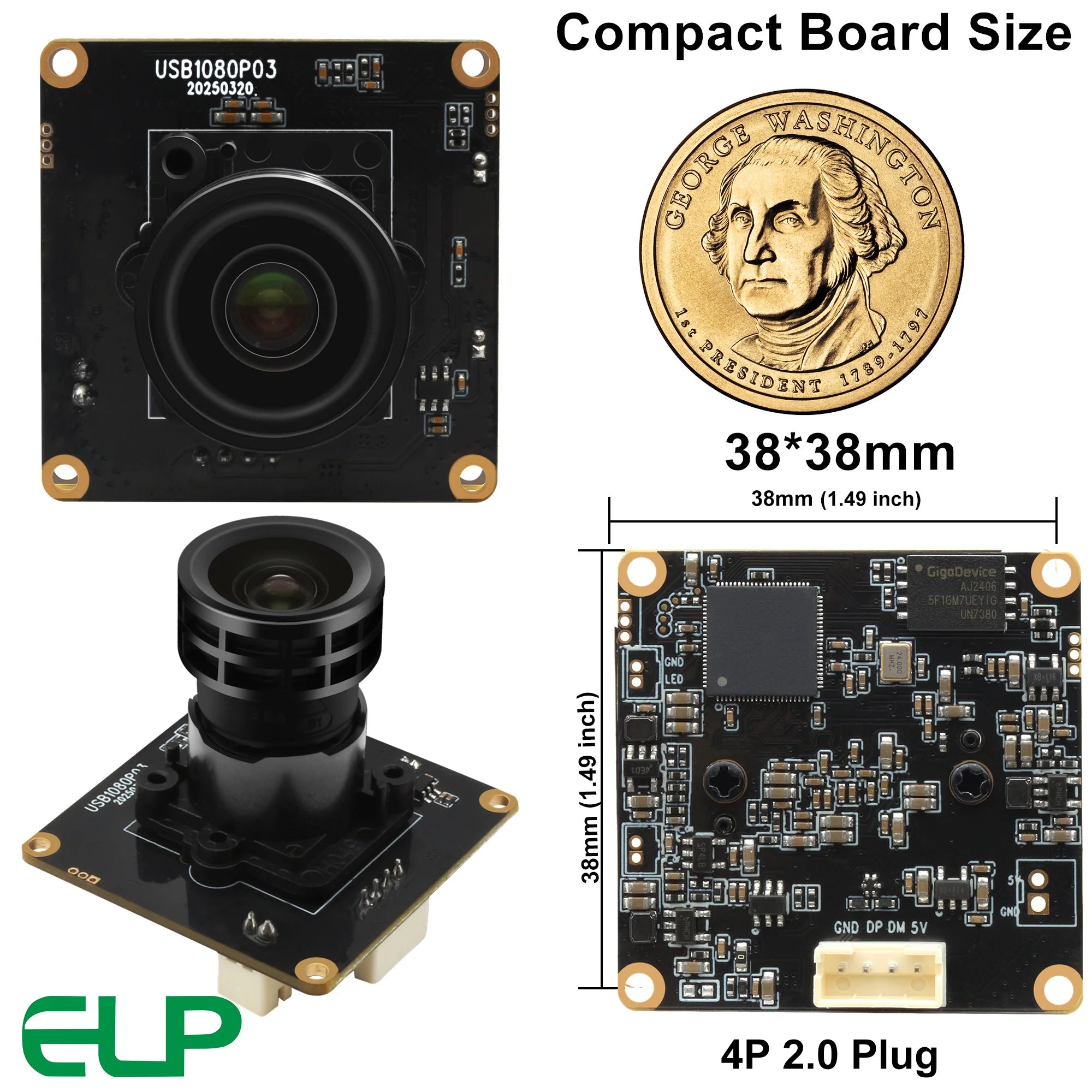 ELP Starvis HDR H.264 USB Camera Module 0.0001 Lux Star Black Low Light 1080P Webcam Module with F1.0 Aperture Lens for Security