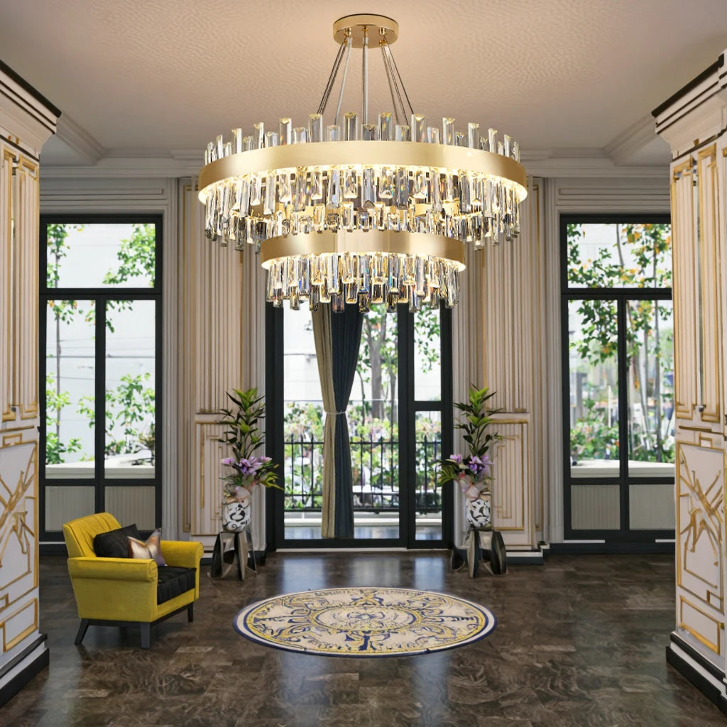 Classic Modern Luxury Villa Round Wedding Crystal LED Chandelier Light for Hotel Livingroom Adjustable Height Pendant Lamp