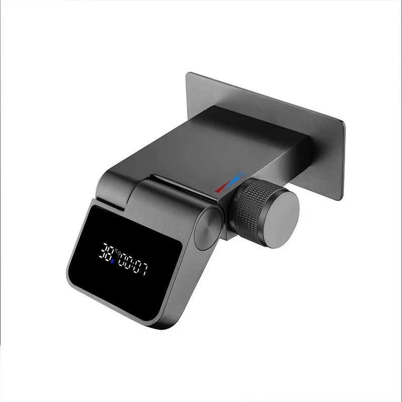 Intelligent Digital Display Concealed Bathroom Faucet Brass Wall-Mounted Folding Waterfall Hot Cold Basin Faucet Thermostatic