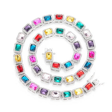 2025 Ladies Hip Hop Silver/gold Zircon Box Rainbow Color Cz Diamond Tennis Cuban Link Chain Choker Necklaces and Bracelets 10mm