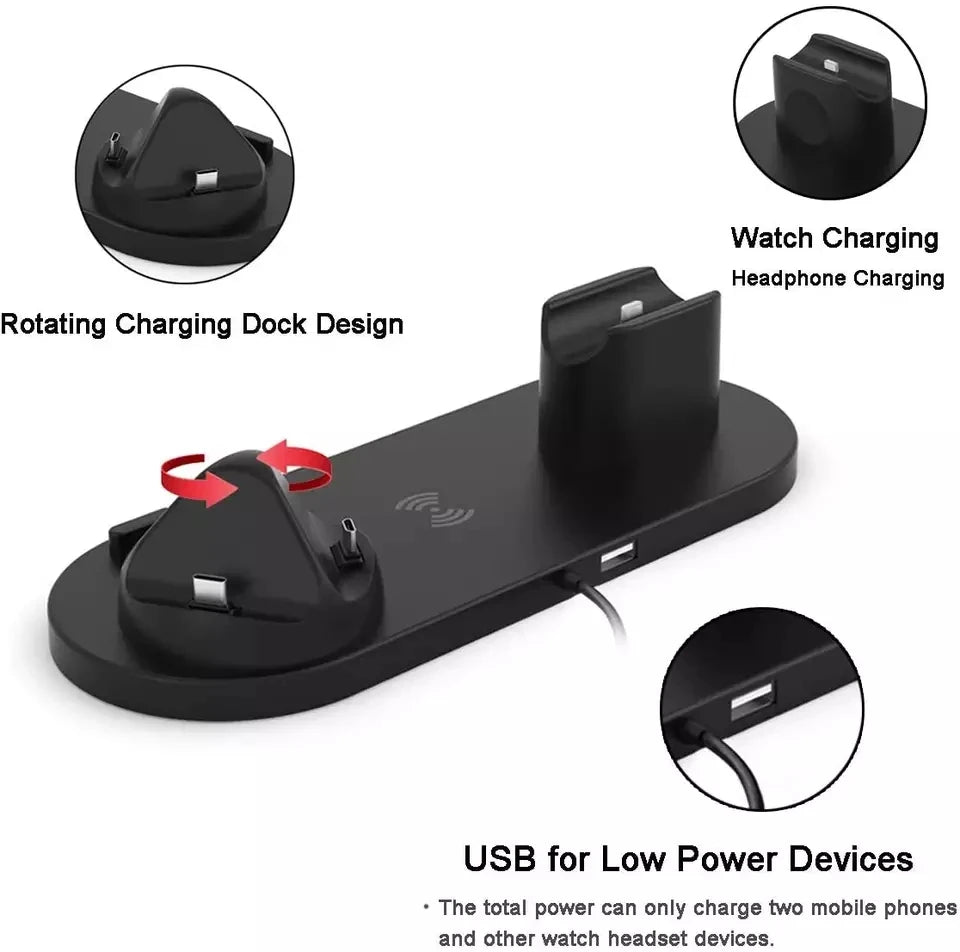 Tabletop 15W Fast Charging 6 in 1 Rotate Holder Universal Wireless Chargers 3 in 1 Dock for iPhone 15 14 13 12 Wireless Charging