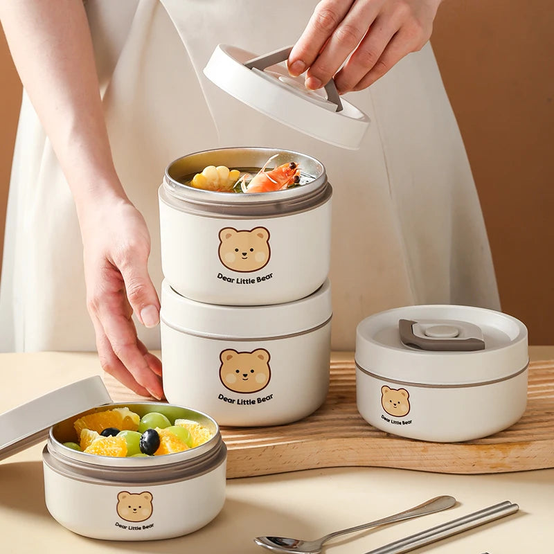 Cute Kid-Sized School Lunch Box Portable 304 Stainless Steel Vacuum Soup Container with Insulated Bag for Hot Food Storage