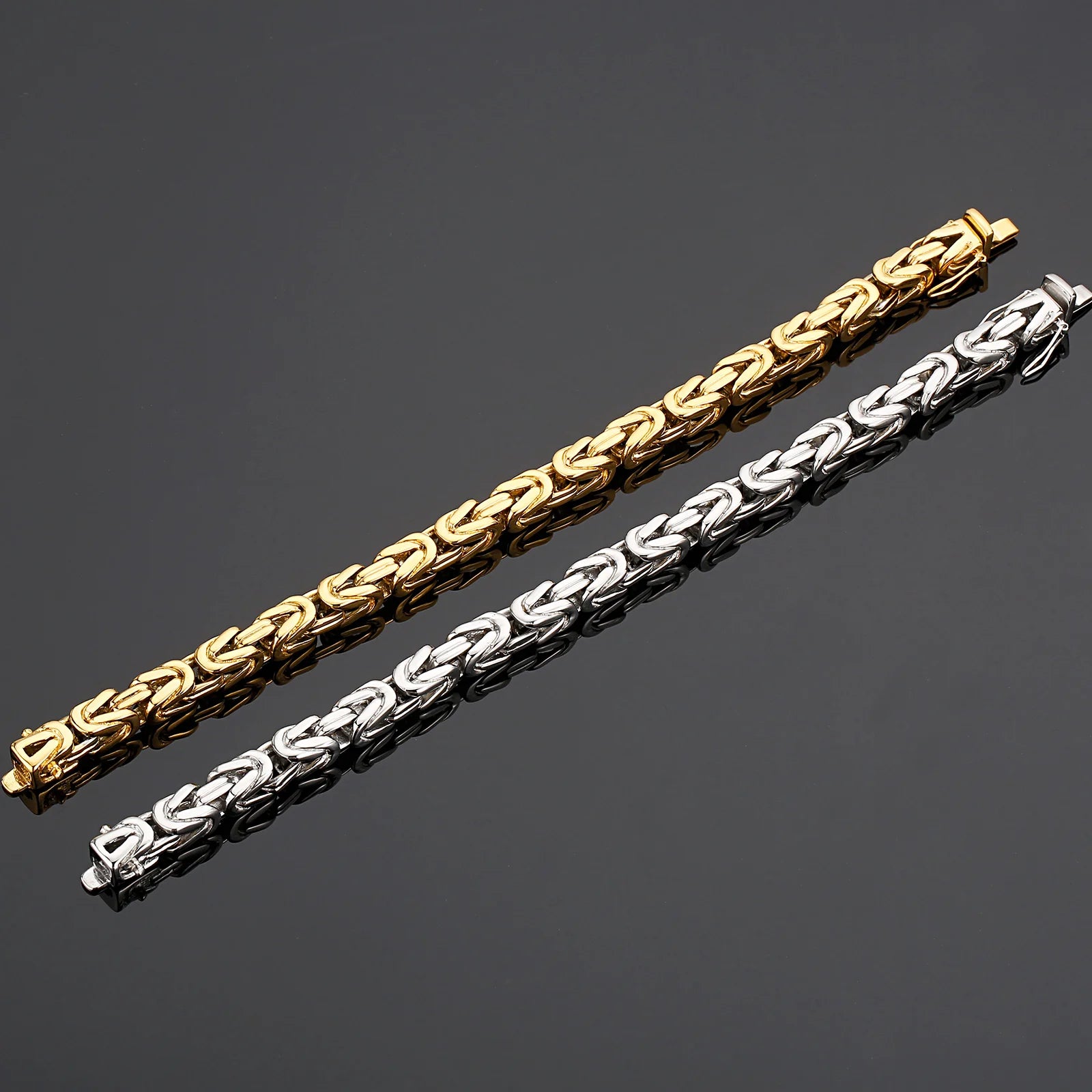 KALEN 8mm Byzantine Stainless Steel Flat Link Chain Silver Gold Byzantine Necklace for Men