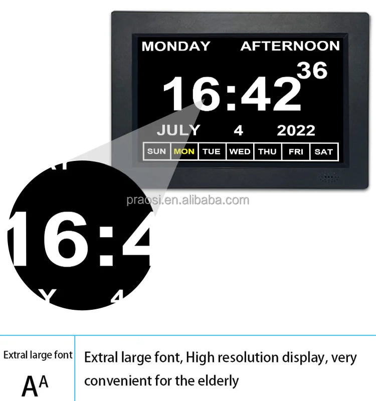 Pros 8" Digital Calendar Alarm Clock Analogue Dementia Clock Customizable Alarms Medication Reminders Auto DST Remote Control