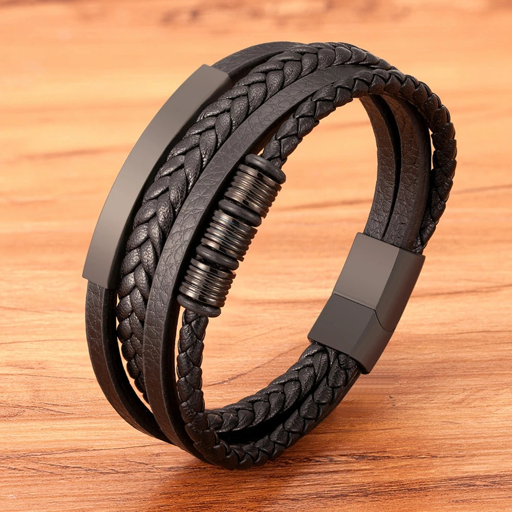 New Stainless Steel Black Multilayer Genuine Leather Bracelet for Men Magnetic Clasp Button Vintage Male Braid Bangle Jewelry