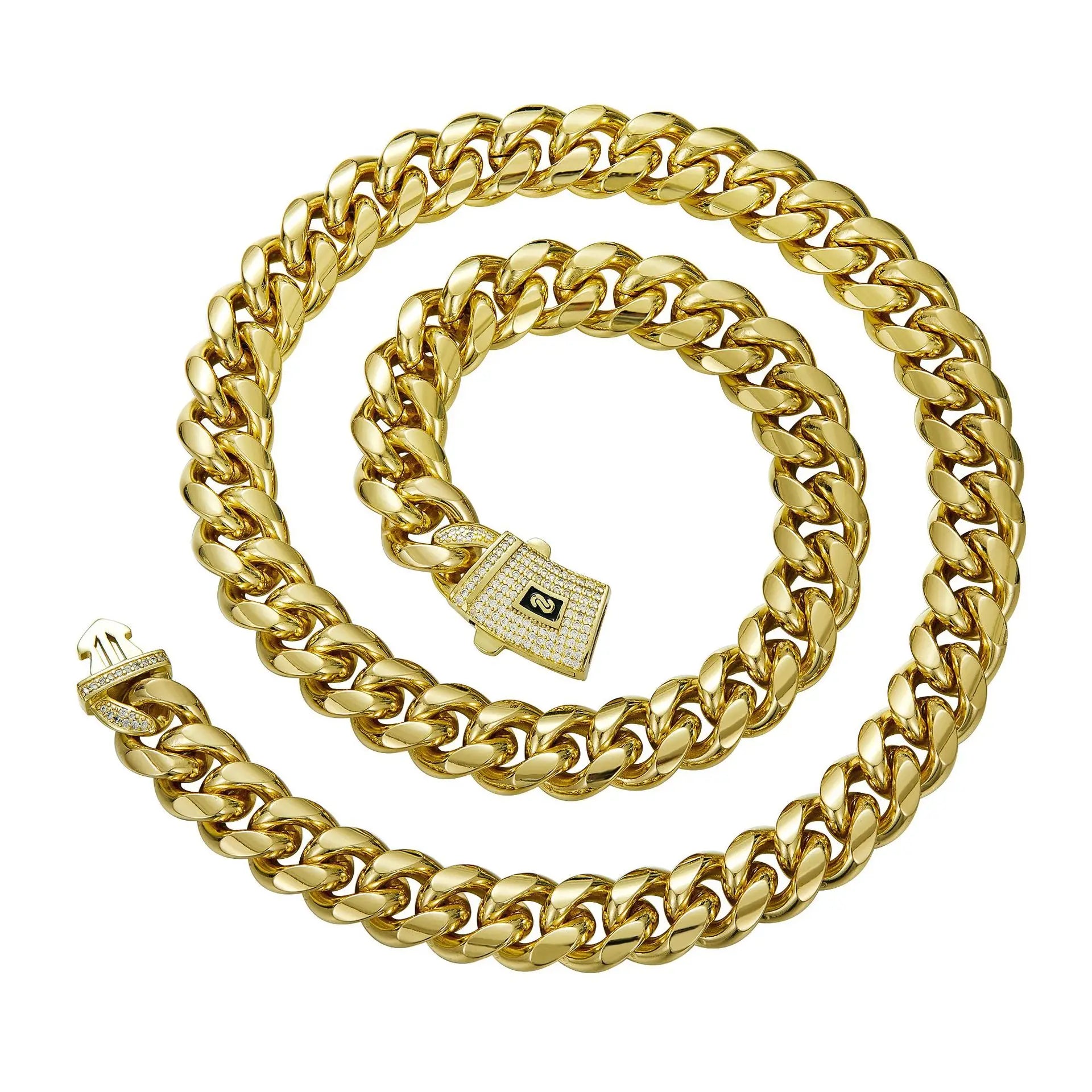 Wholesale 14K 18K Gold PVD Stainless Steel Cuban Link Necklace Men 6mm-10mm Miami Curb Spring Clasp Zircon Pearl Main Stone Gold