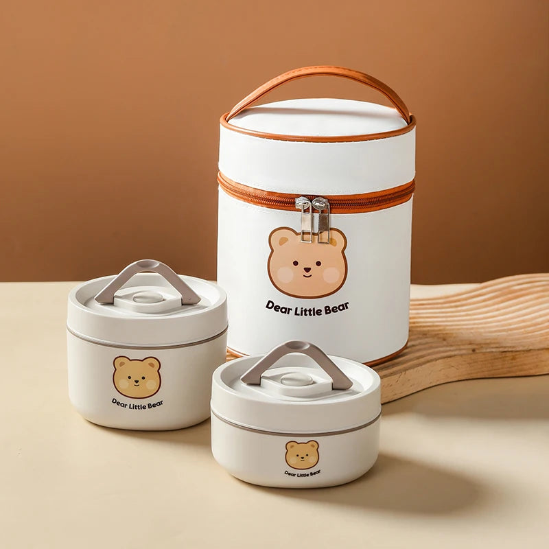 Cute Kid-Sized School Lunch Box Portable 304 Stainless Steel Vacuum Soup Container with Insulated Bag for Hot Food Storage