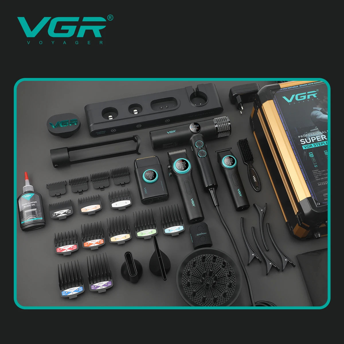 VGR 4IN1 Steplerss PRO 9000RPM Hair Clipper Trimmer Hair Dryer 11000RPM High Speed Professional Barber Tools Kit