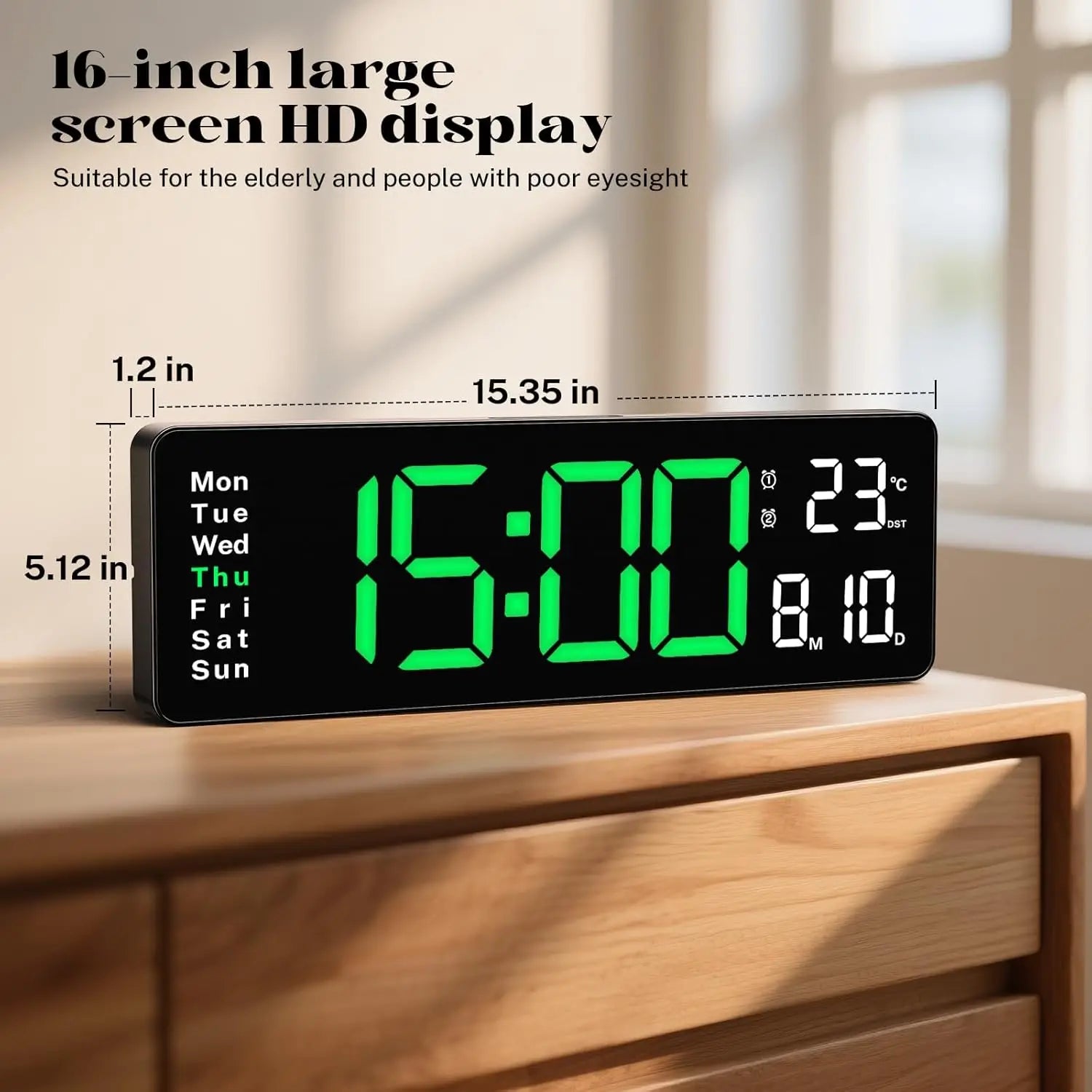 Brauthon 16\" Large Digital Classroom Clock LED Wall Clock with Remote Control Plastic Material Date Week & Alarm Features