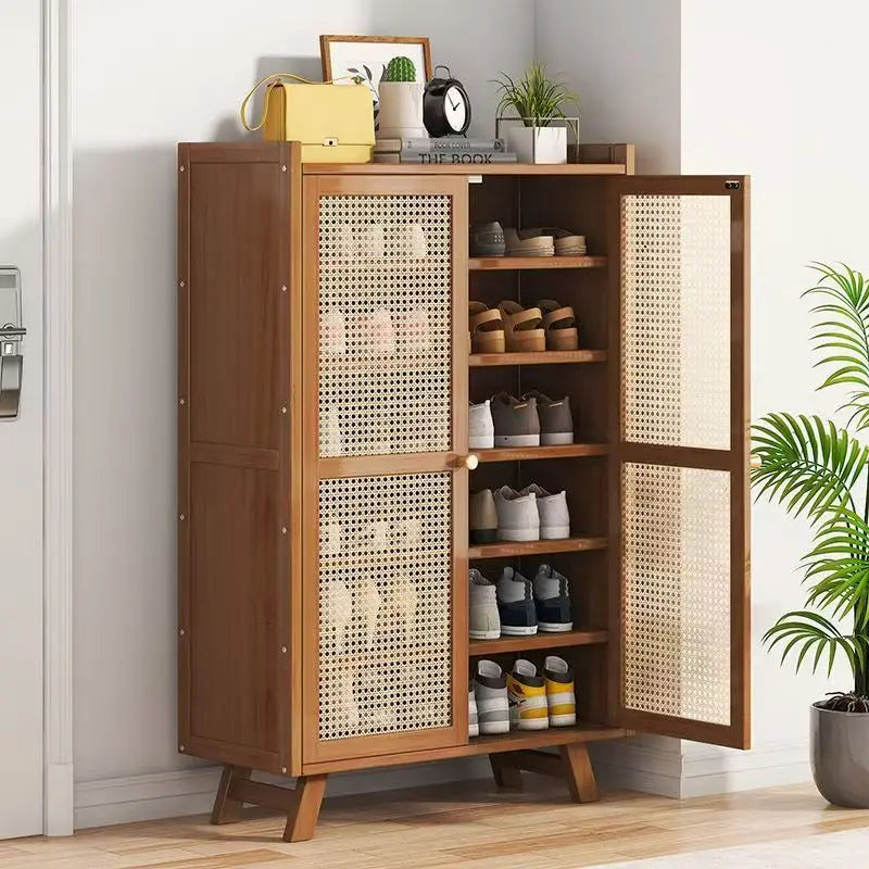 Modern Stainless Steel Shoe Cabinet with Breathable Panel Extendable Bamboo Doors Furniture for Home Hotel for Entry Living Room
