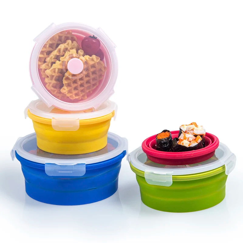 BPA Free Collapsible Silicone Folding Lunch Box with Plastic Lid for Food Storage in Kitchen