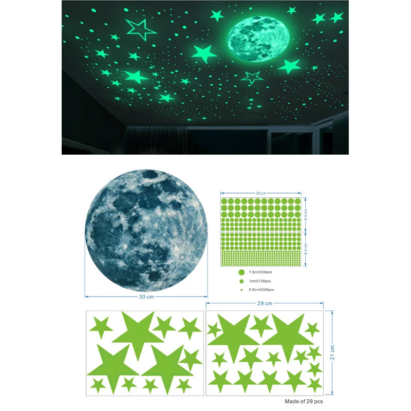 High Bright Glow in the Dark Luminous 30cm Large Round Moon DIY Living Room Self Adhesive Wall Decor Adhesive Decal Sticker