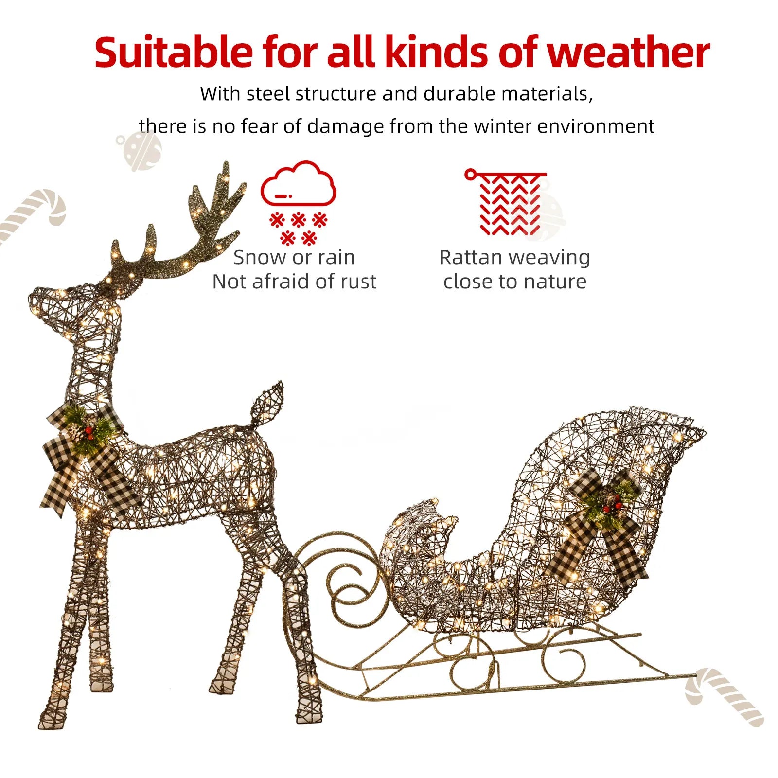 Christmas decorative lights, Christmas reindeer sleigh, two-piece set, outdoor, garden, lawn, and patio decoration