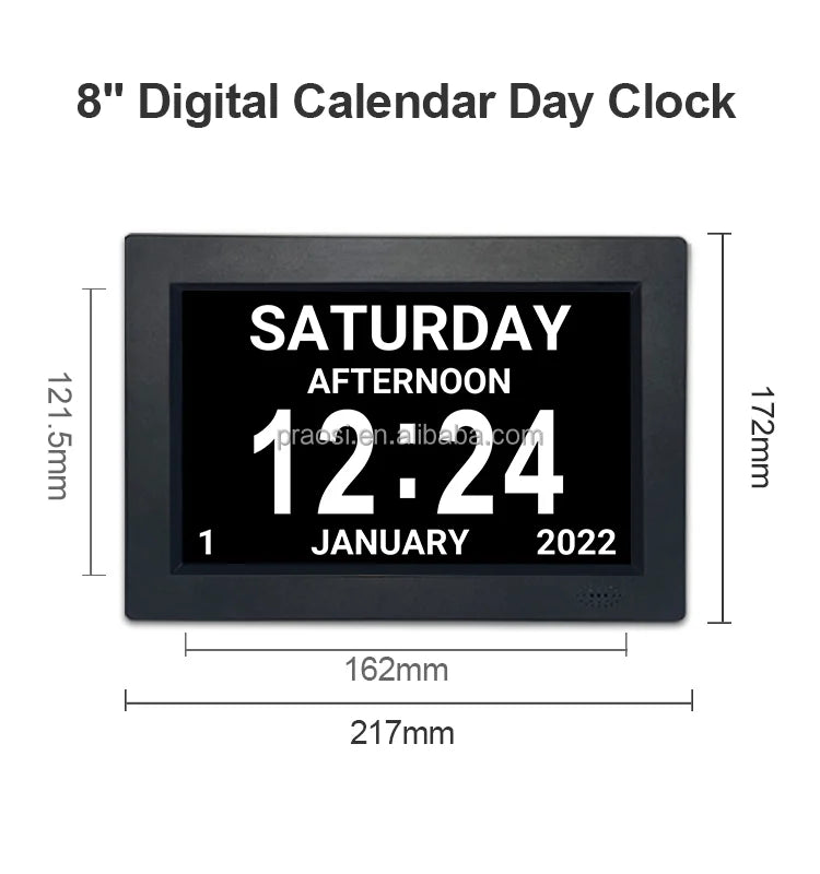 Pros 8" Elderly Digital Calendar Day Clock Auto DST Analogue Dementia Clock Custom Alarms Medication Reminders Remote Control