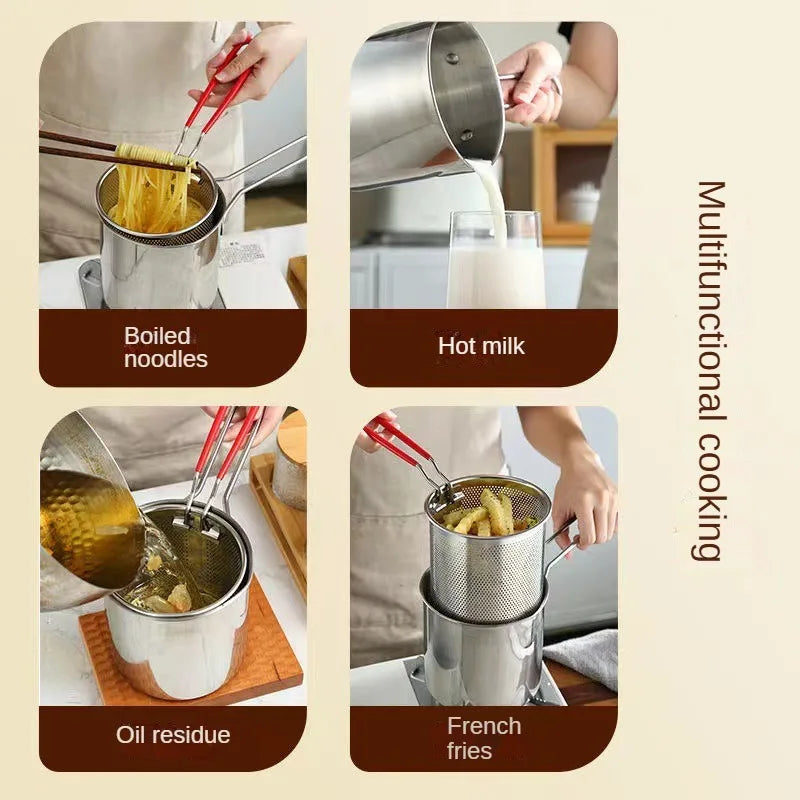 Stainless Steel Oil Fryer Frying Basket Household Tempura Mini Oil Pot Temperature Control Deep Pot Filter Kitchen Gadget