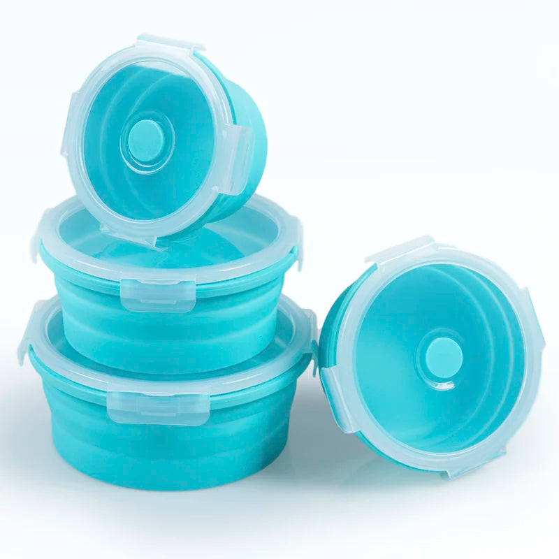 BPA Free Collapsible Silicone Folding Lunch Box with Plastic Lid for Food Storage in Kitchen