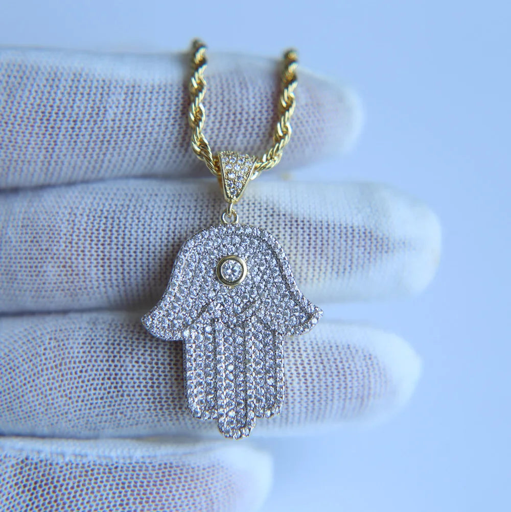 Hamsa Hand Pendant Collection Micro Pave 5a Cz Hip Hop Men Bling Lucky Turkish Jewelry Necklace