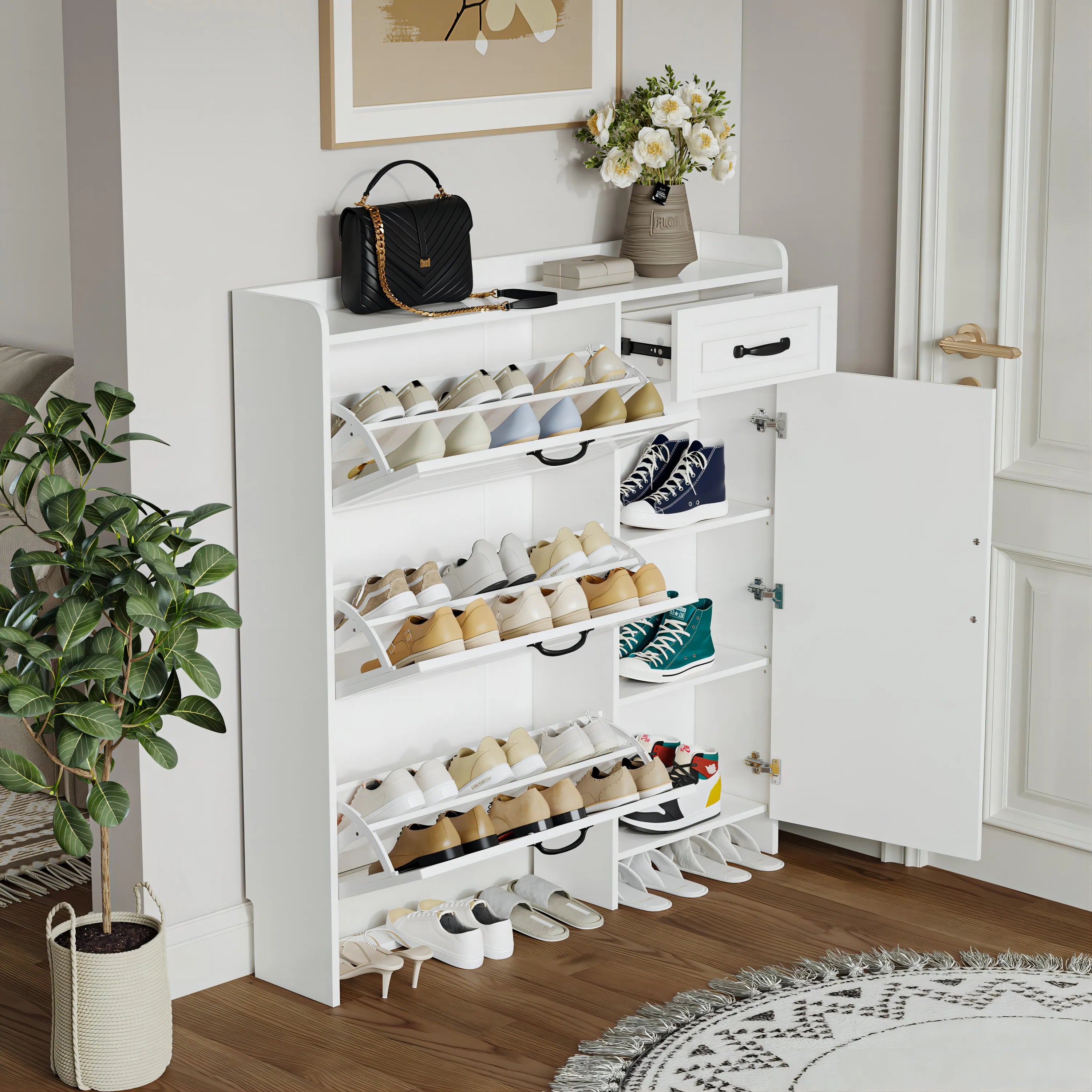 Modern White Wooden Shoe Cabinet with 4 Doors and 1 Drawer Free Shipping Large Storage Space for Living Room Home Furniture